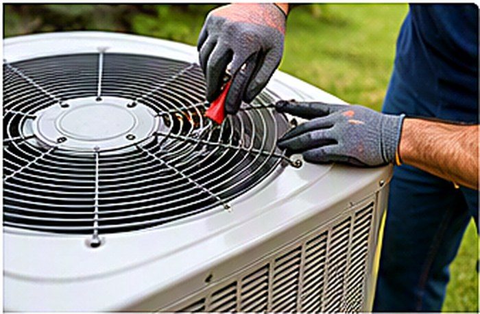 Technician servicing a home air conditioning unit