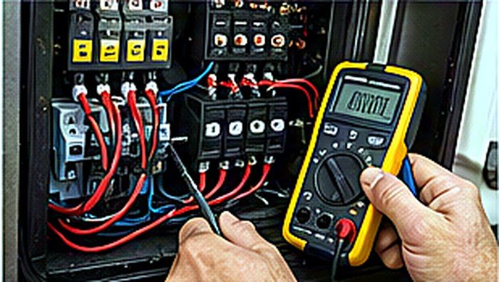 Technician diagnosing an RV electrical panel
